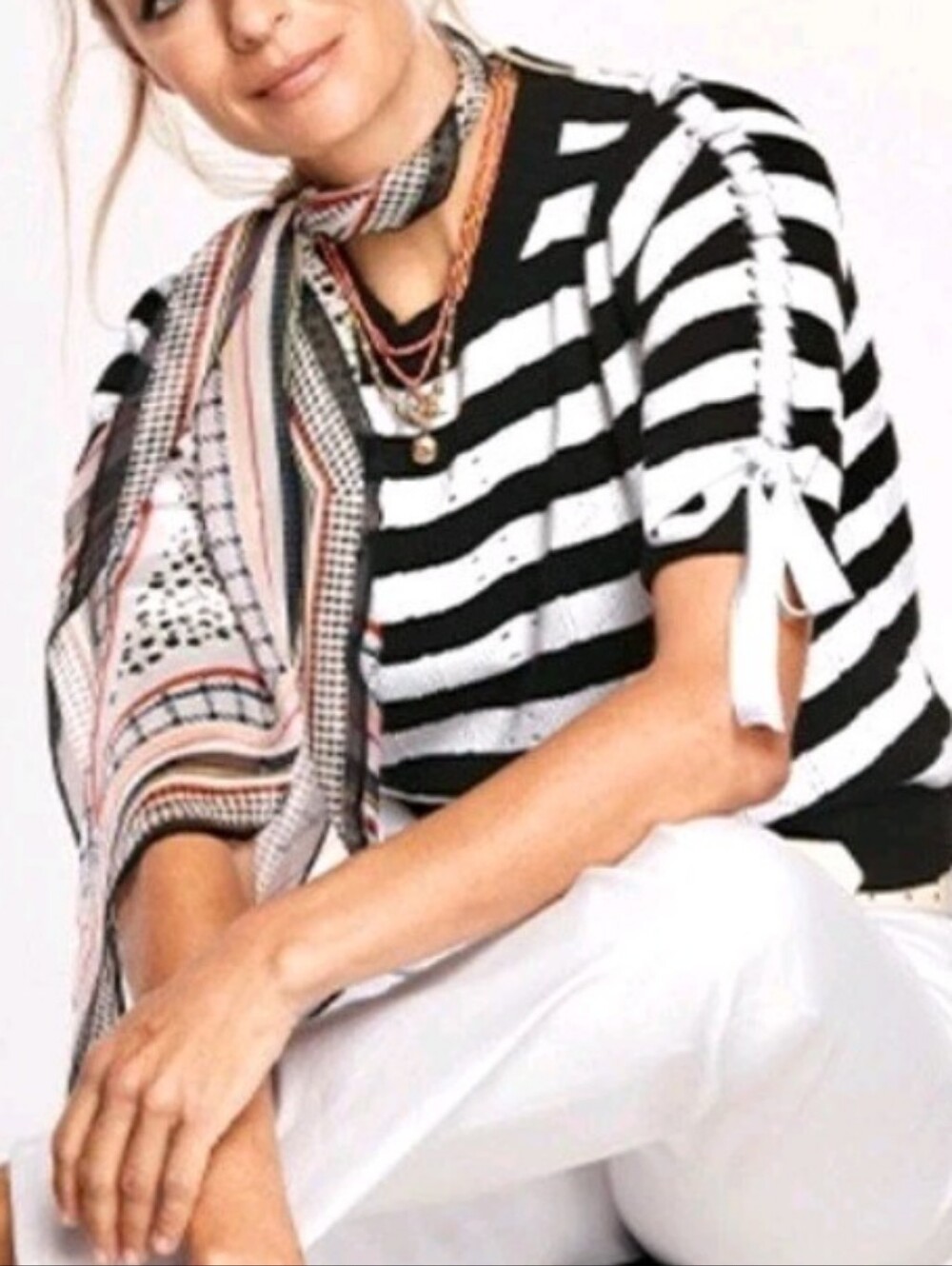 CAbi Black & White Striped Lace-Up Sleeve Crew Sweater